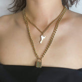 Multi-Layer Gold Silver Tone Lock and Key Pendant Choker Necklace